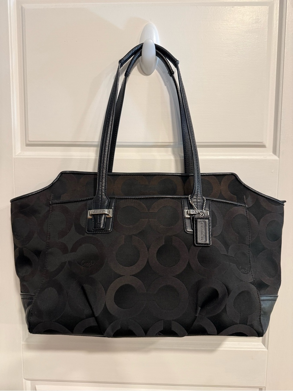 Coach Black Op Art Large Tote Shoulder Bag Satin Jacquard Leather Trim